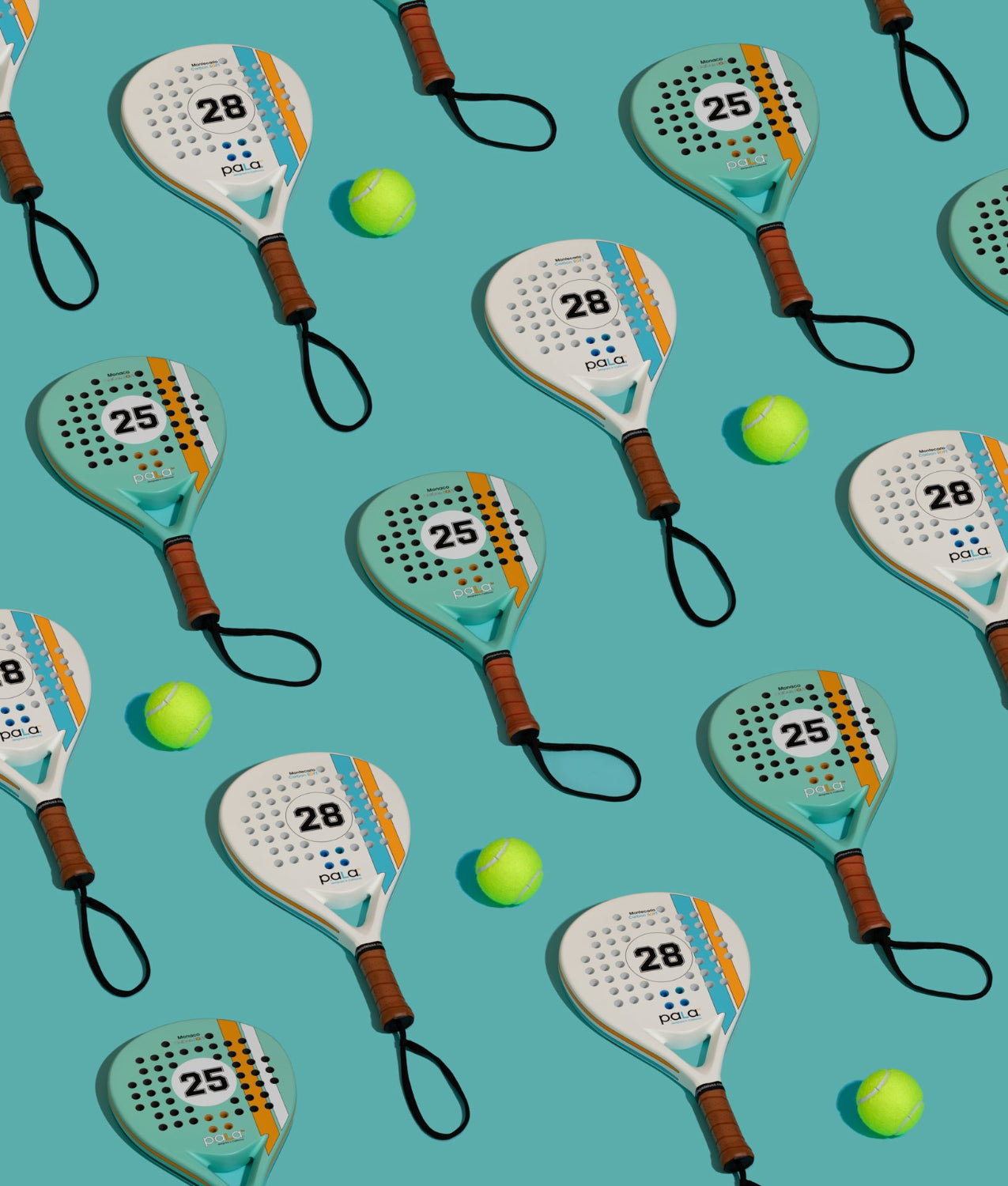 different padel rackets in white and aqua colors with a european cool retro loook